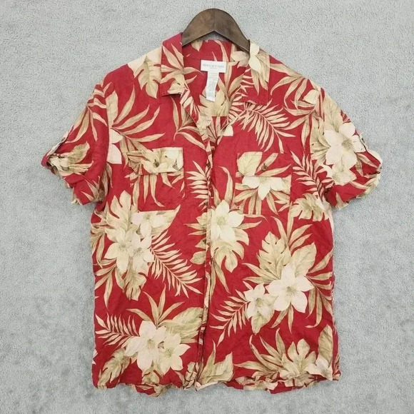 Vtg Jones New York Sport Womens Red Floral Linen Button up Shirt L 14PT - Picture 1 of 6